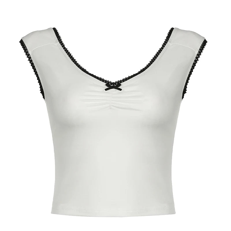 Contrast-color Patchwork V-neck Vests Retro Slim Crop Bow Camisole
