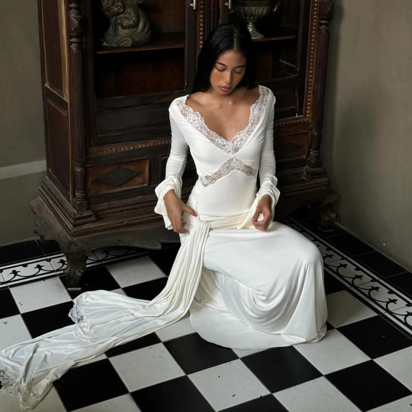 White V-Neck Lace Flare Sleeves Maxi Dress