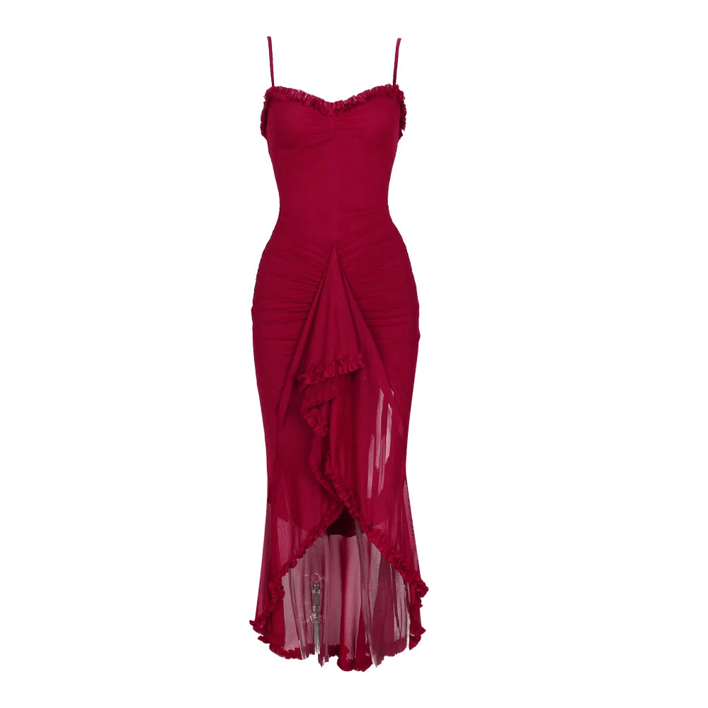 Irregular Mesh Dress Spaghetti Strap Bodycon Dress Ruched Long Dress