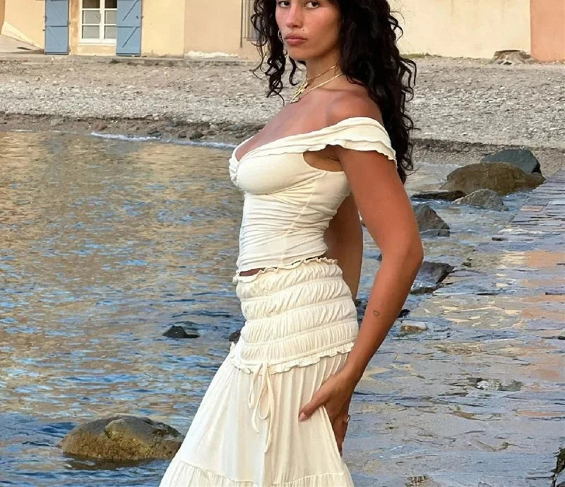 Slash-neck Knot Twist T Shirt With Elastic Slim Ruffles Cake Skirt French Two Piece Set
