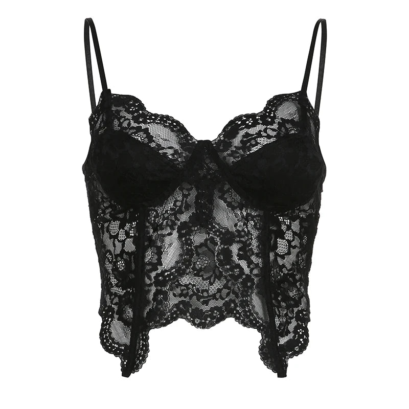 Transparent Lace Bustiers Backless Gothic Camis Spaghetti Strap Grunge Top
