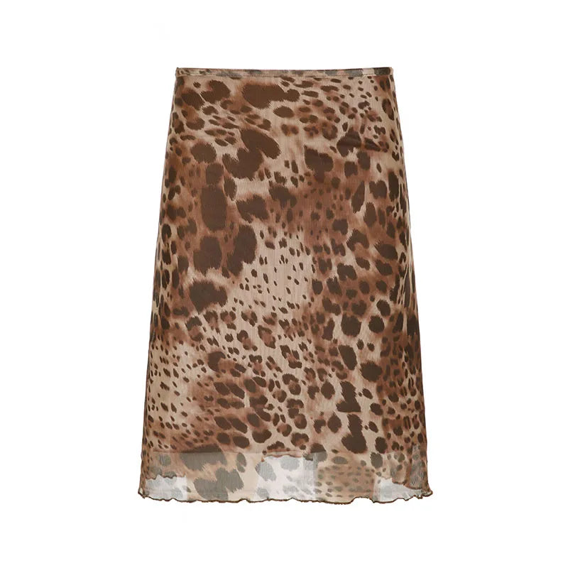 Leopard Skirt Two-layer Straight Bottom Elatic Wait Skirt
