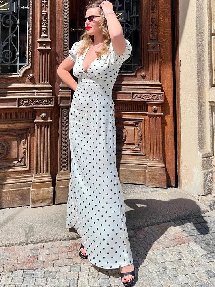 White Polka Dot Short Sleeve Slim Maxi Dress
