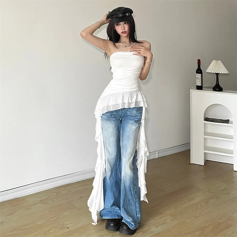 Solid Color Sweet Gentle Cute All-match Travel Chest Wrap ruched Tassel Vest
