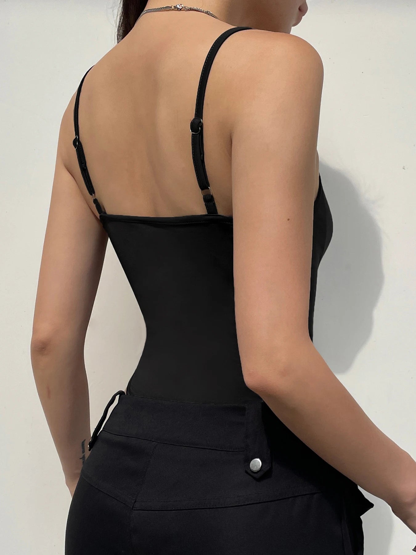 Sleeveless Shirring Spaghetti Strap Bodysuit Black Solid Basic Camisole