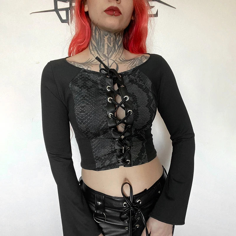 Round Neck Splicing Lace-Up Tie Skeleton Hollow Long Sleeve Top