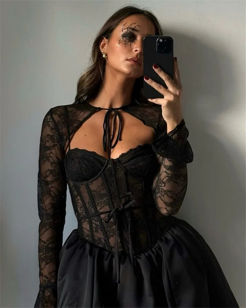 Black Lace Puffball Mini Dress Lace-up Sheer Long Flare Sleeve High Waist Dress