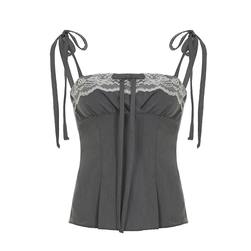 Contrast Lace Patchwork Camisole Y2K Bow Decorate Tie-up Straps Crop Tops A-line Pleated Corset Cute Vest Lolita