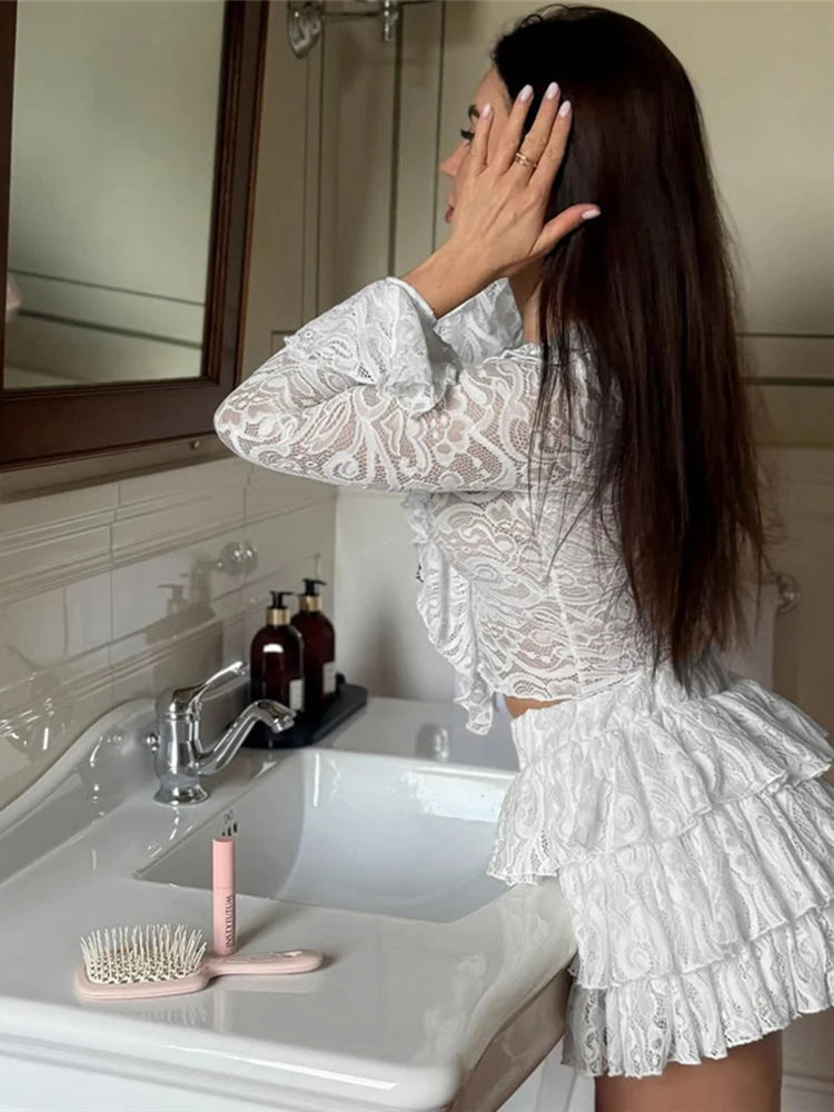 White Ruffles V-Neck Crop Top and Mini Skirt Set