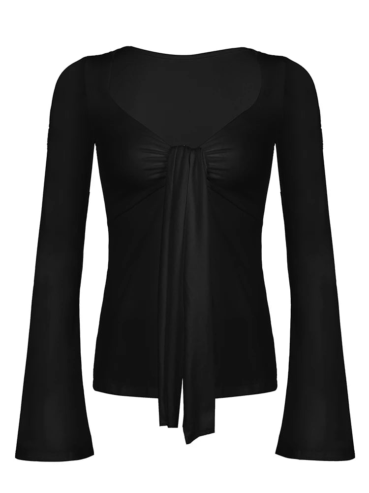 Front Lace-up Black Shirt Long Sleeve