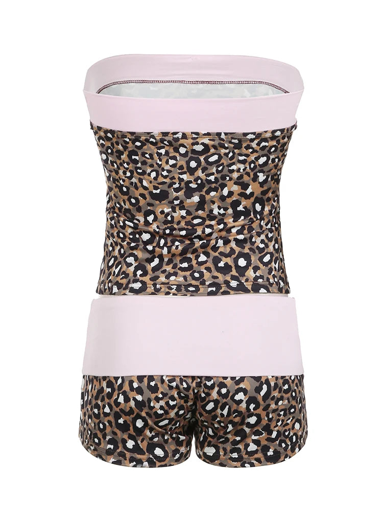 Leopard Patchwork Slim Two Piece of Set Tube Top and Low Wait Short Suit