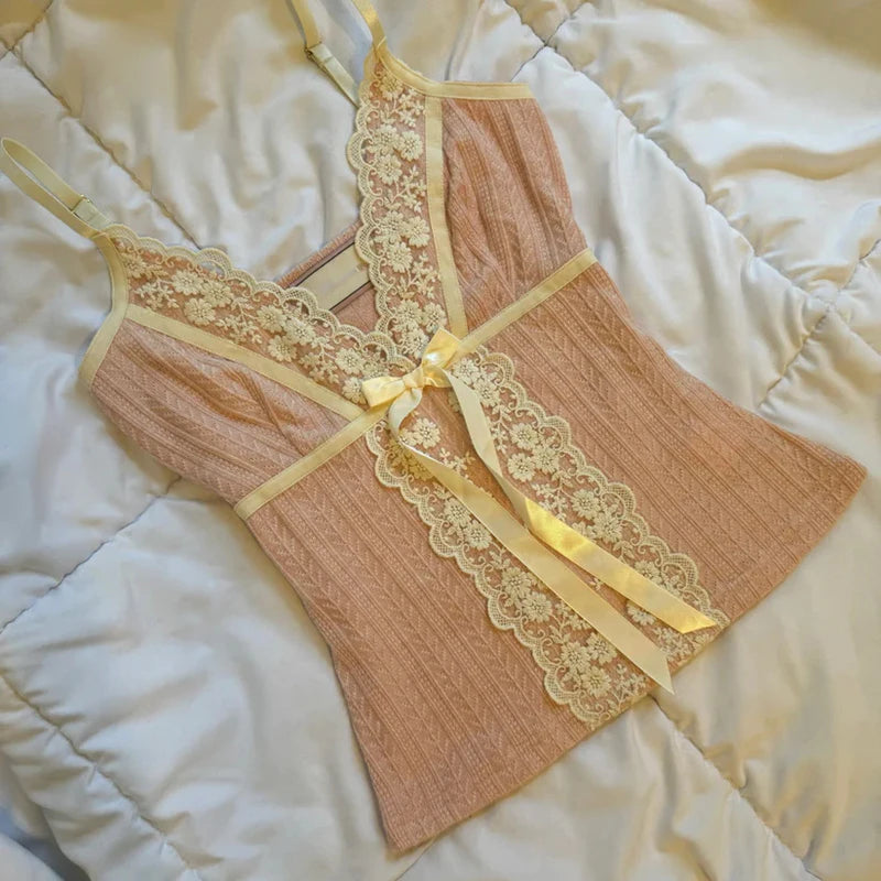 Ribbon Bow Lace V-Neck Top