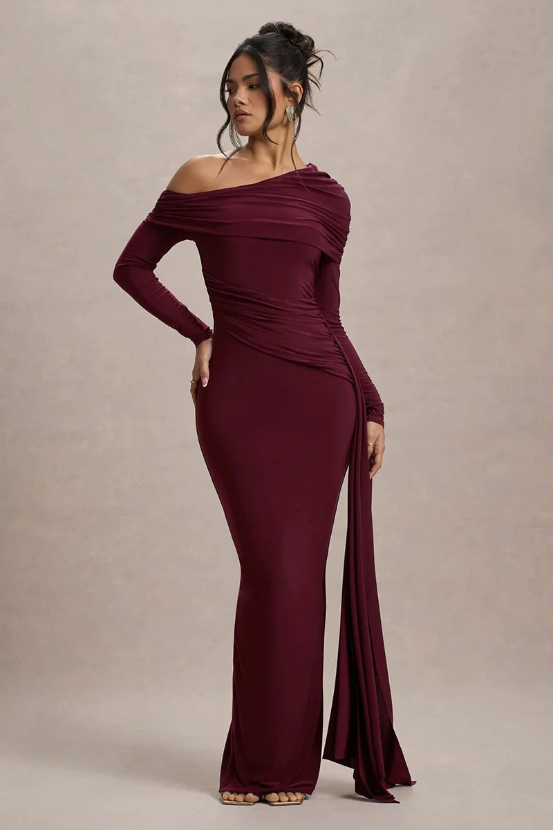 Skew Collar Long Sleeve Maxi Dress Gown Backless Draped Ruched Bodycon Long Dress