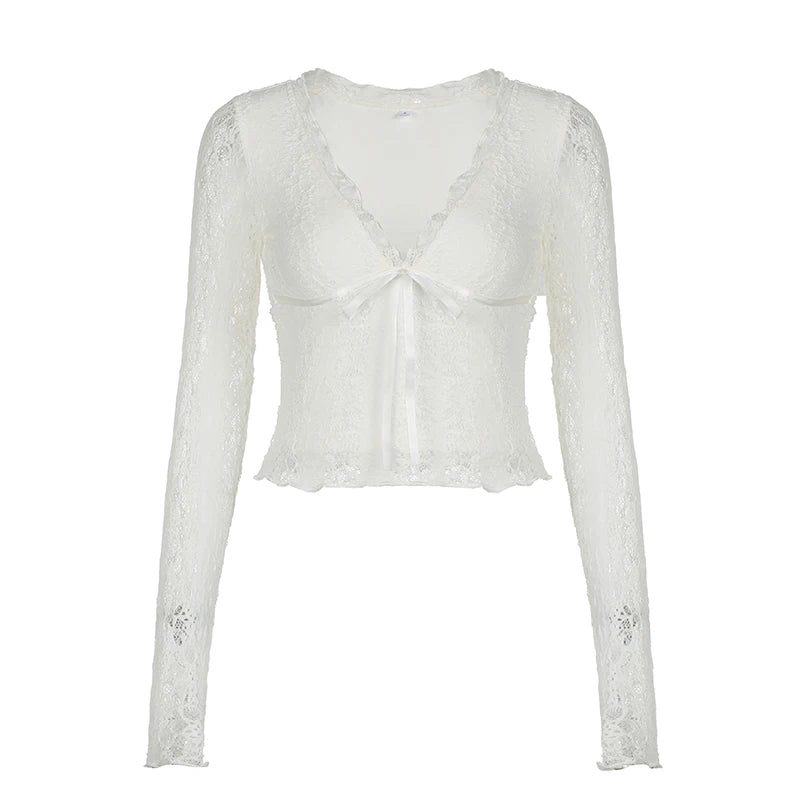 V-neck Lace Slim Tee Shirts Long Sleeves See-through Retro