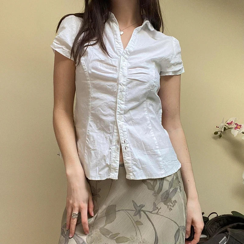 Turn-Down Neck Tee Shirts Short Sleeves Top Ruched Lace-up