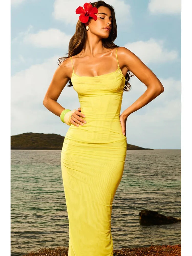 Spaghetti Strap Mesh Patchwork Double Layered Dress Bodycon Zipper Dress