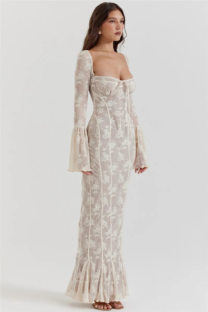 Lace Long Flare Sleeve Maxi Dress Square Collar Backless Bodycon Dress
