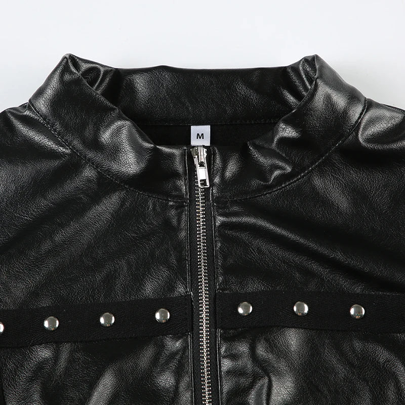 Moto Biker PU Jackets Zip Up Crop Top Black Leather Coats