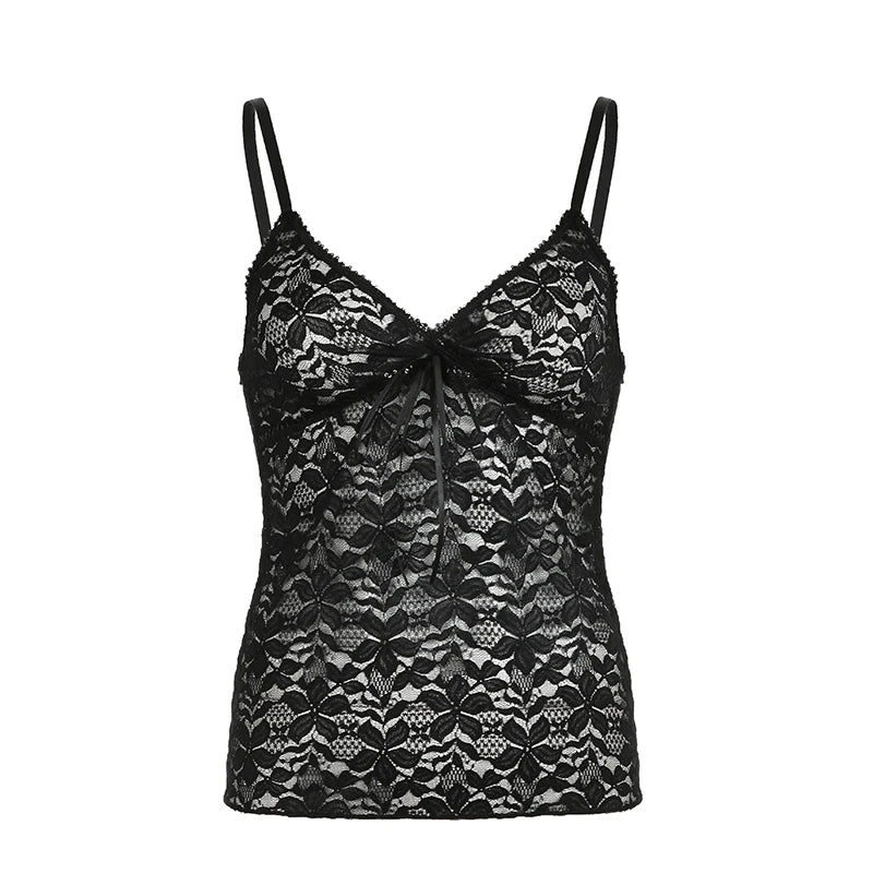 See-through Black Lace Camis Spaghetti Strap Backless 's V-neck