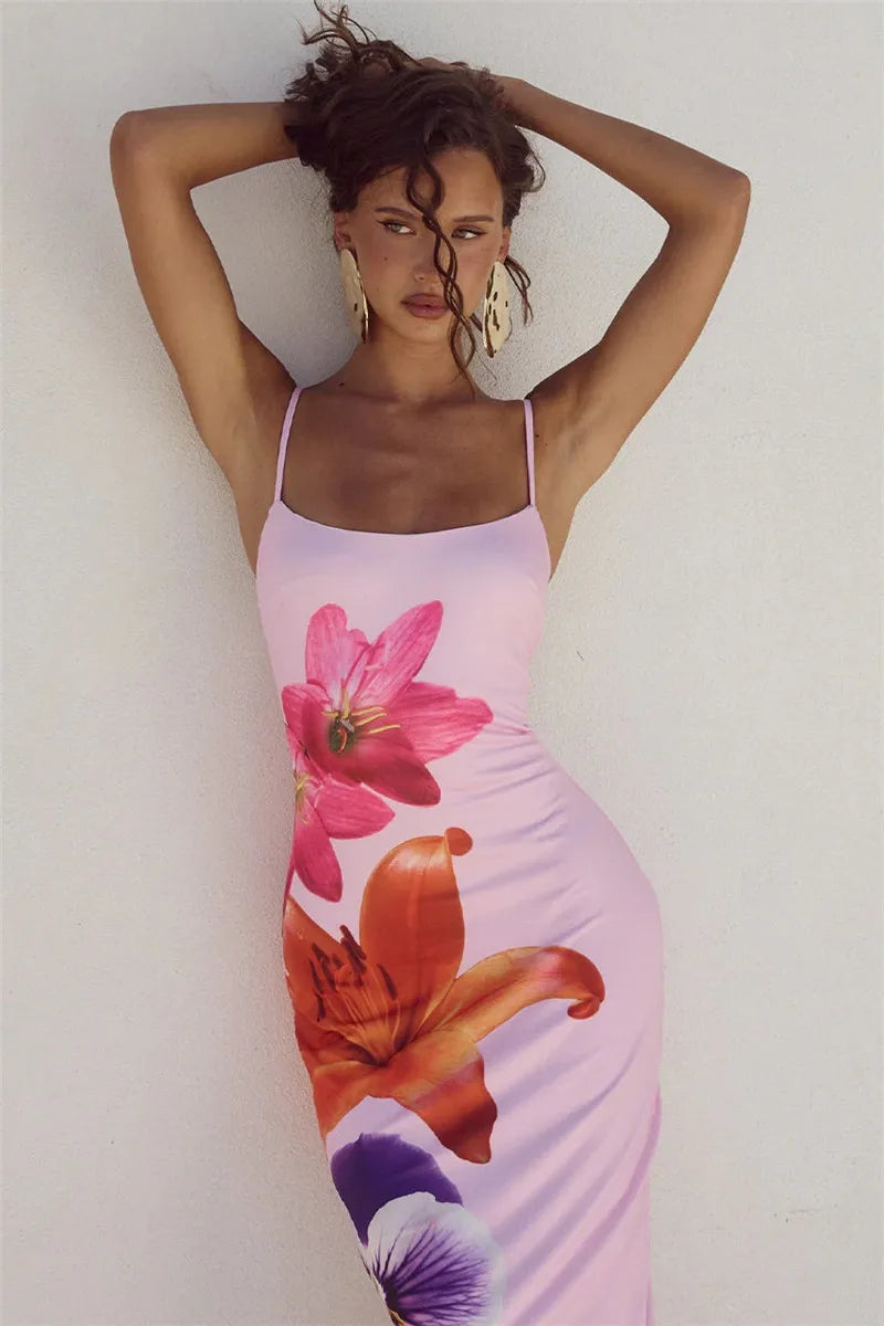Floreal Long Dress Gown Spaghetti Strap Sleeveless Backless Bodycon Midi Dress