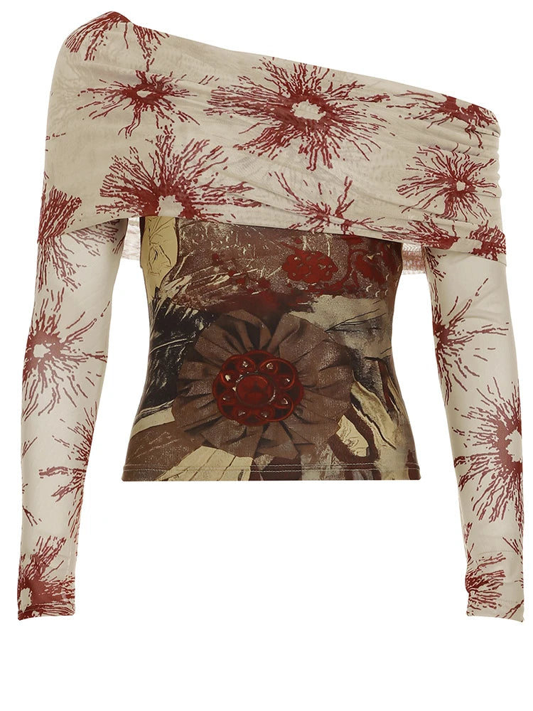 Printed Mesh Patchwork Top Slash Neck Slim Long Sleeves Shirts Y2k