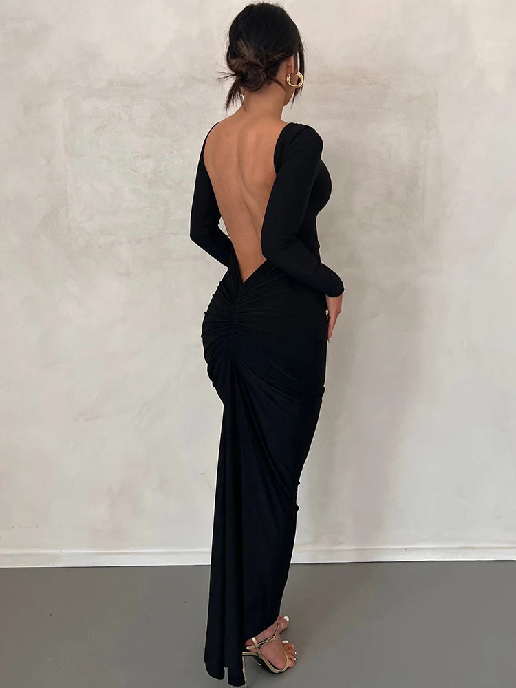 Ruched Backless Long Sleeve Bodycon Midi Dress