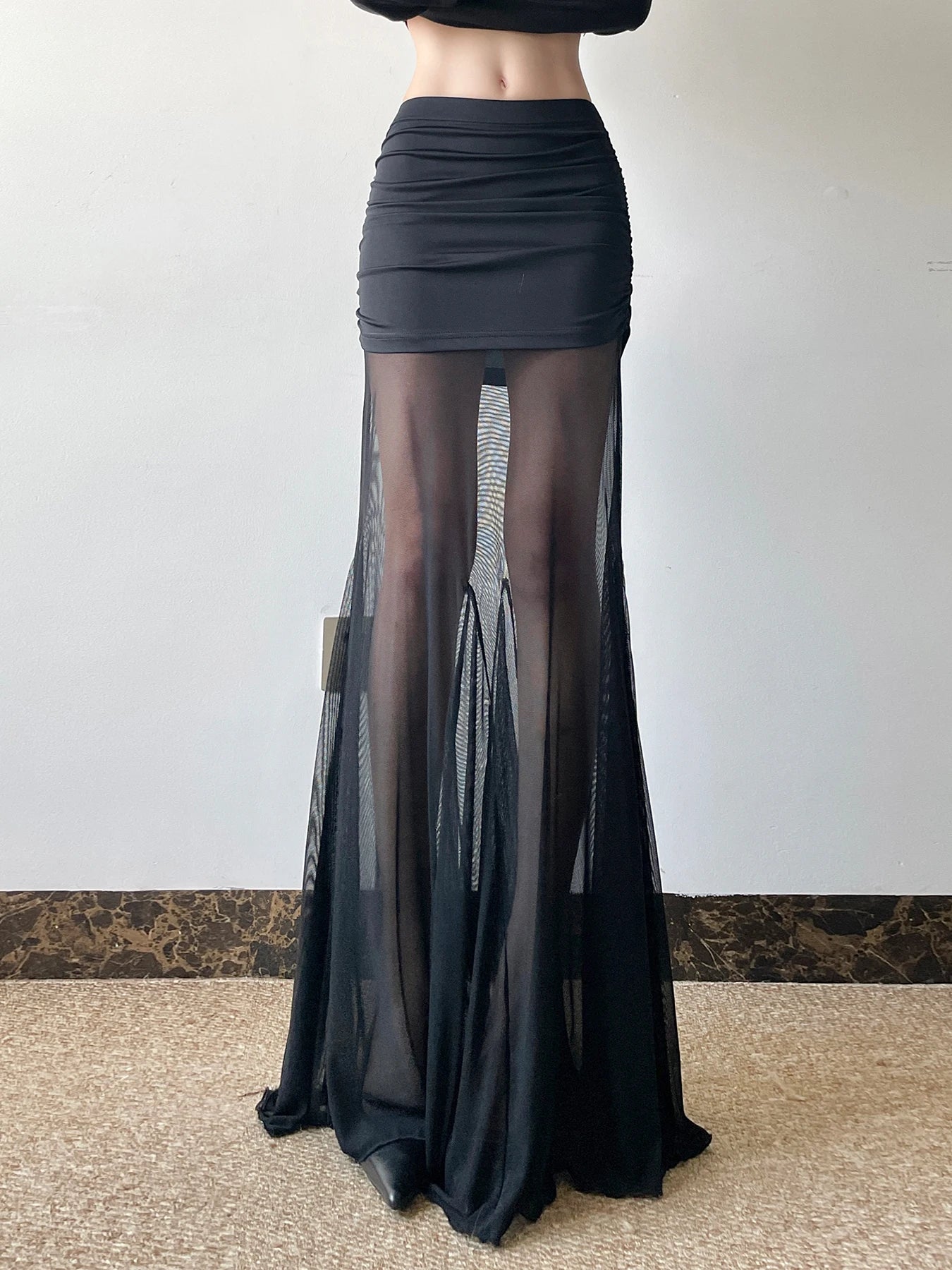 Mesh Skirts Low Waisted Long Black Knitted 's Bottom