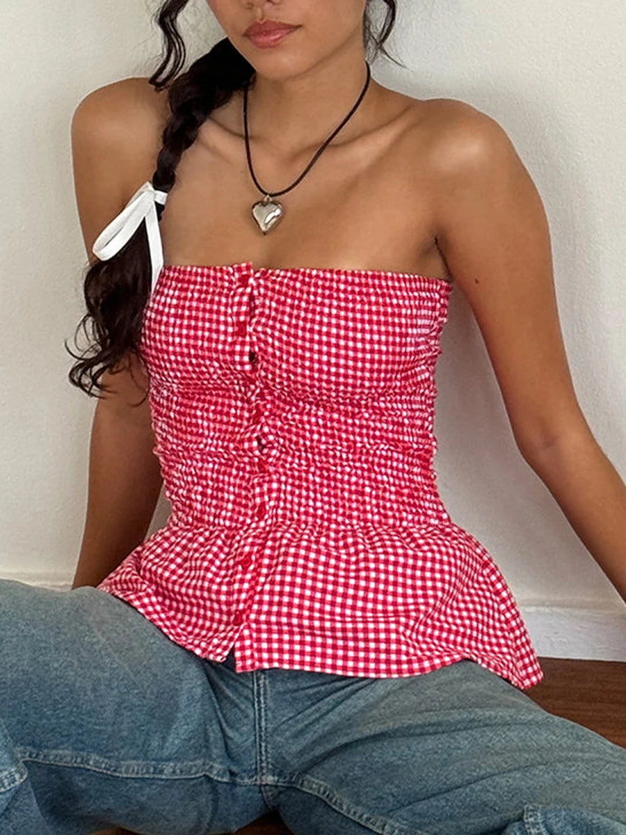 Red Gingham Crop Top Womean Strapless Ruffle Hem Sleeveless Button Cami Coquette Plaid Crop Top