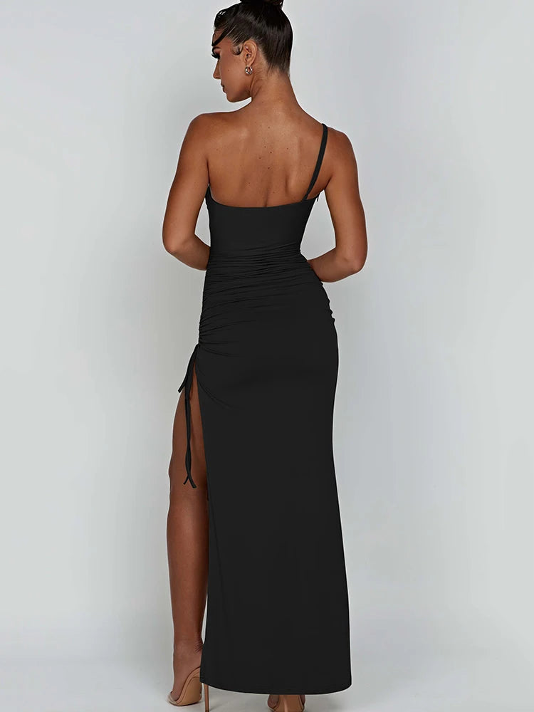 Drawstring High Slit Dress One Shoulder Slim Maxi Bodycon Pleated Dresses