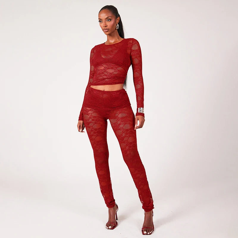 Patchwork Lace See-Through Two-Piece Set Lace Patchwork Long-Sleev Top Slim Pant Set