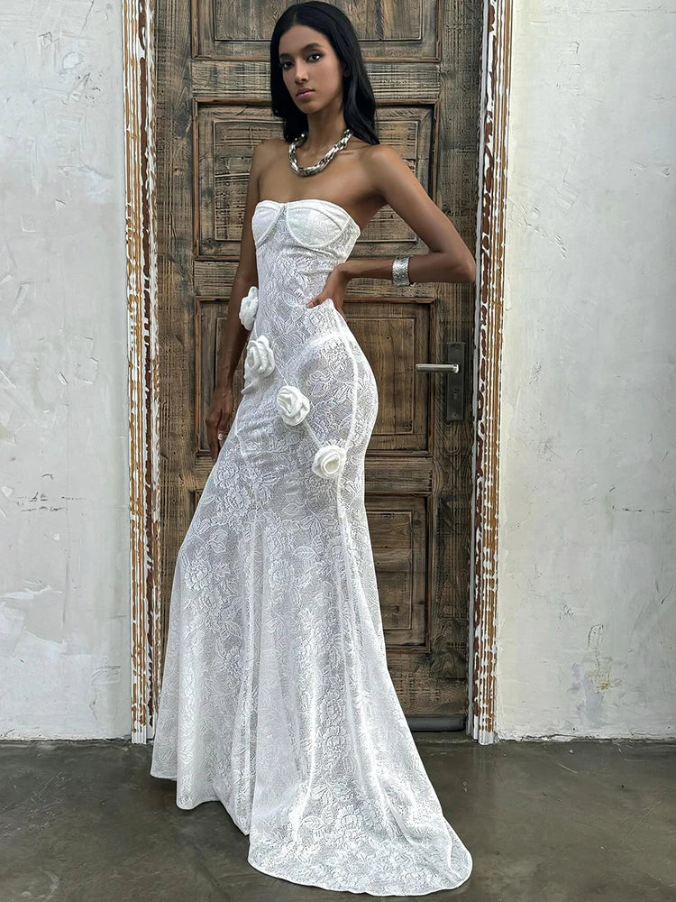 Strapless Transparent Lace Flowers Maxi Dress Backless Evening Dress