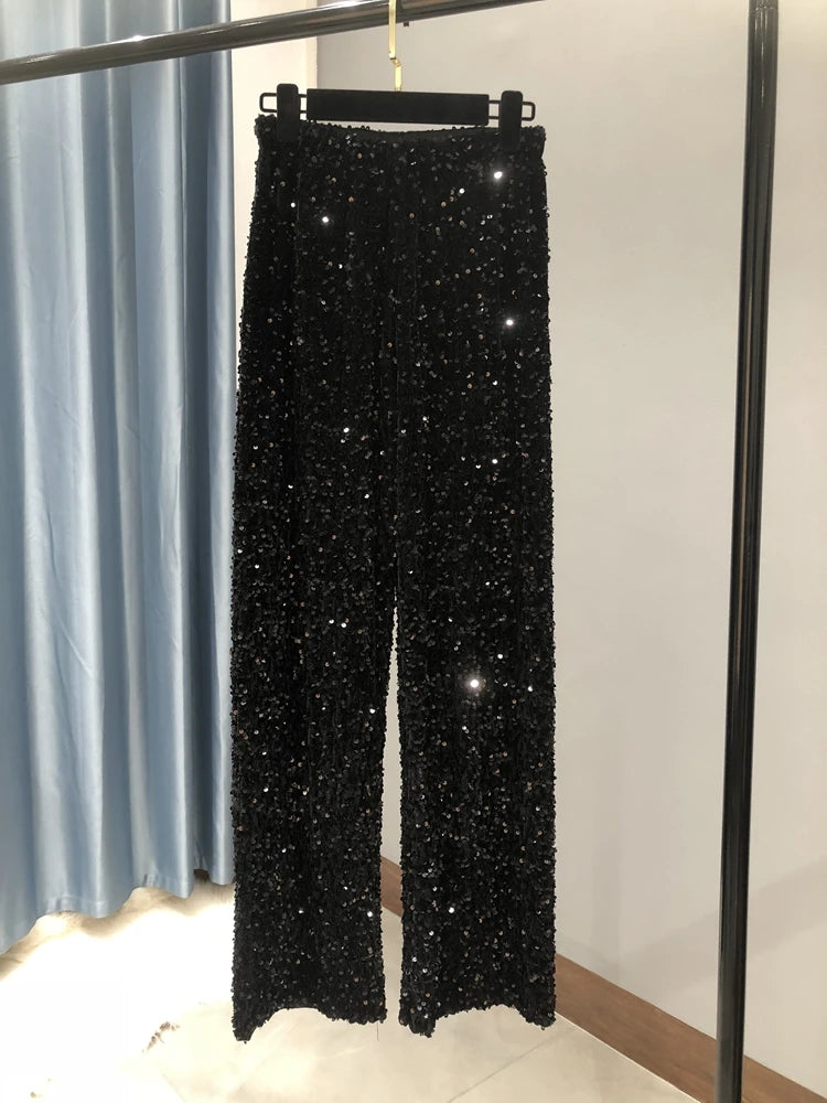The Trendy Sparkling Gold Pants Relaxation of Tall Waist Wide-legged Pants South Korean