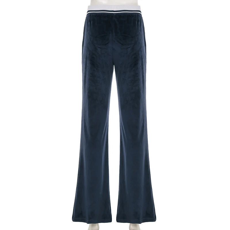 Patchwork Loose Velvet Pants Lace-up Wide Leg Trousers Baggy 's Bottoms