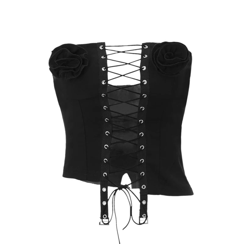 3D Flower Cross Corset Bra Y2k Soild Irregular Sleeveless Tank Top for Street