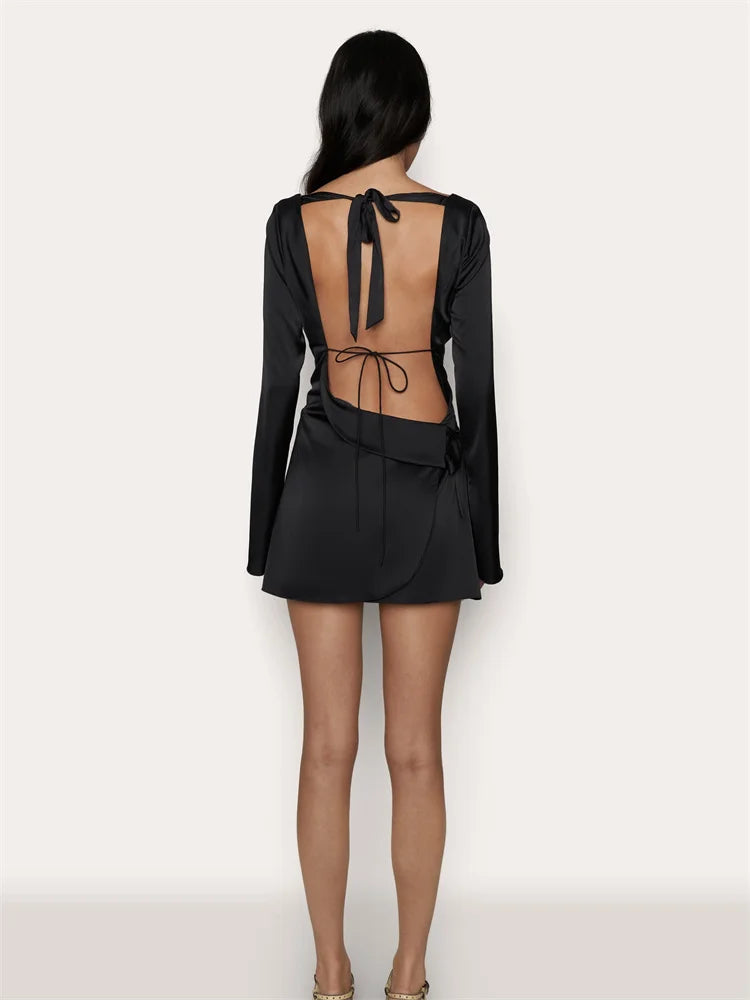 Satin Hollow Out Backless O-Neck Dress Long Sleeve Pullover Slim Fit Short Night Dress