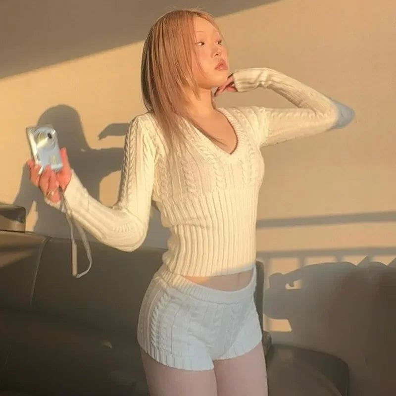 Knitted Sweater & Mini Shorts Two Piece Set