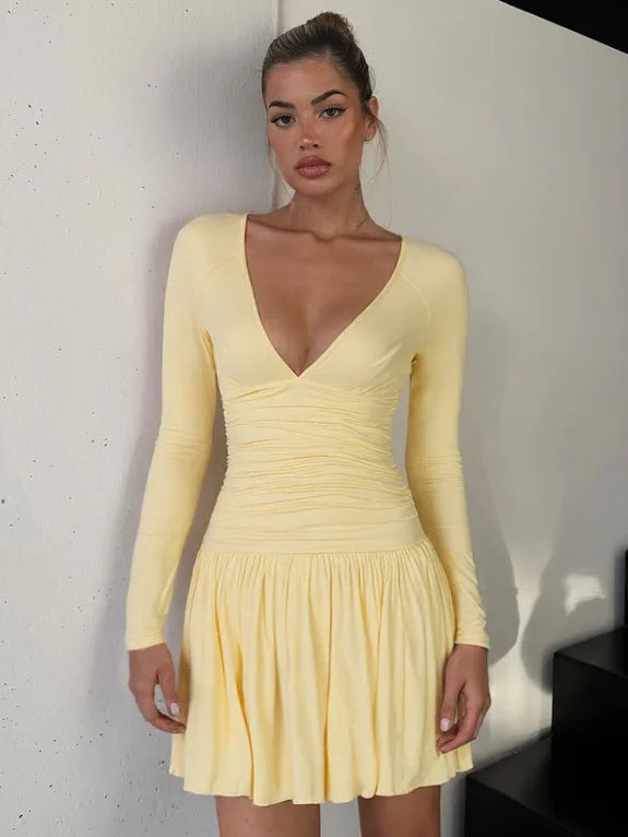 Yellow Deep V-Neck A-Line Long Sleeve Mini Dress
