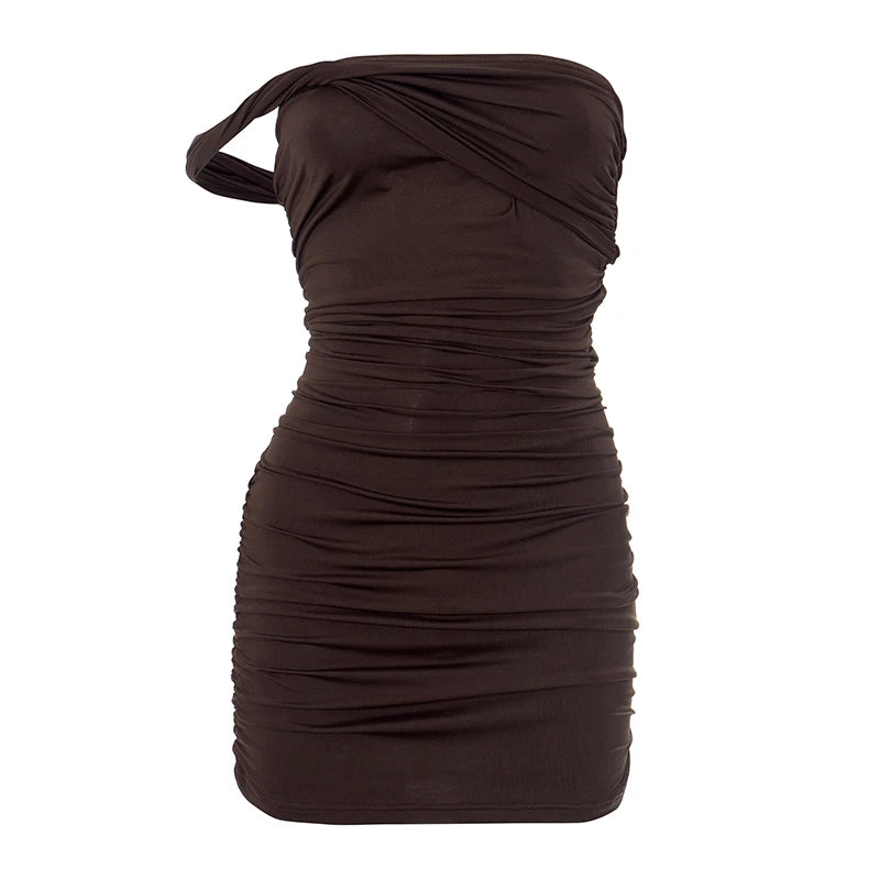 'S Spring Color Single Shoulder Shrink Pleated Tight Package Hip Dress Causal Dress