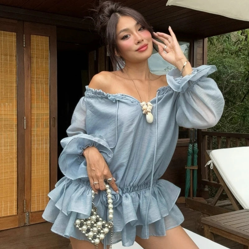 Mesh Ruffles Mini Dress Sheer Sleeve Slash Neck Slim Flower Lace Up Dress Street