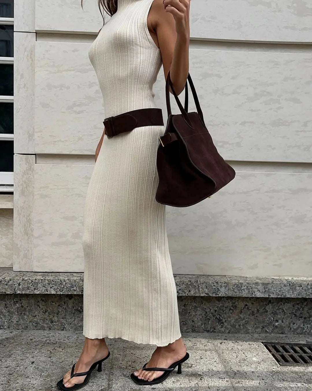 Sleeveless Knit Turtleneck Long Dress Slim Ribbed Knit Dress Maxi Dress