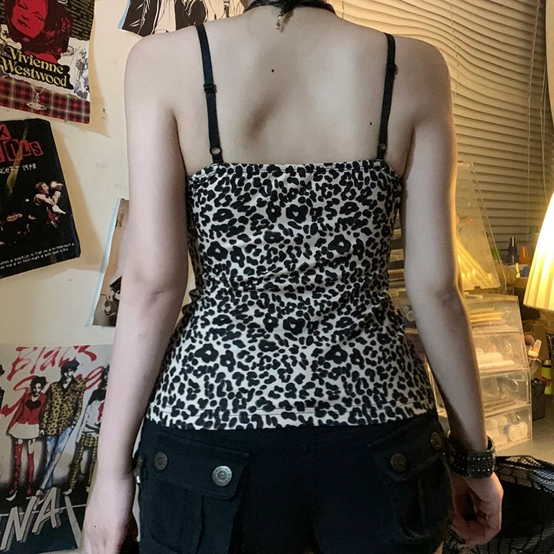 Striped Leopard Print Slim Camisole V-Neck Backless Top Lace Patchwork Retro Bow Vest