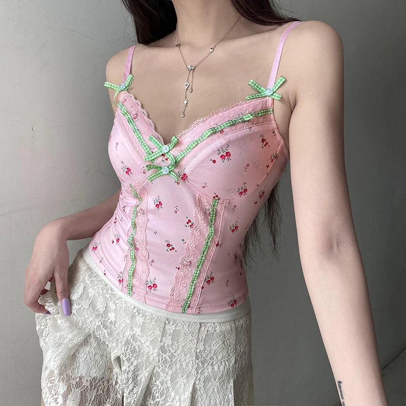 Pink Floral Lace Bow Top
