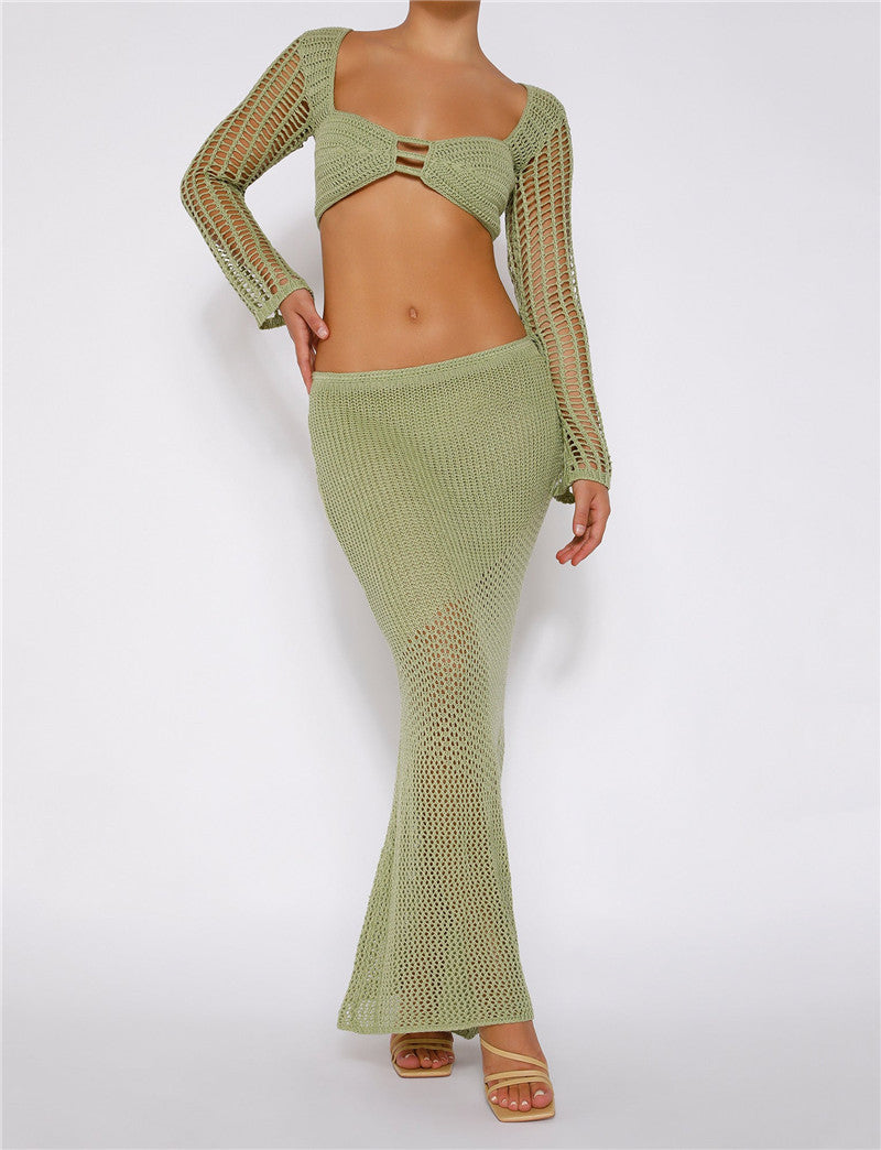 Crochet Knit 2 Piece Skirt Set Hollow Out Crop Top Long Sleeve Backless Tie Up Bodycon Dress