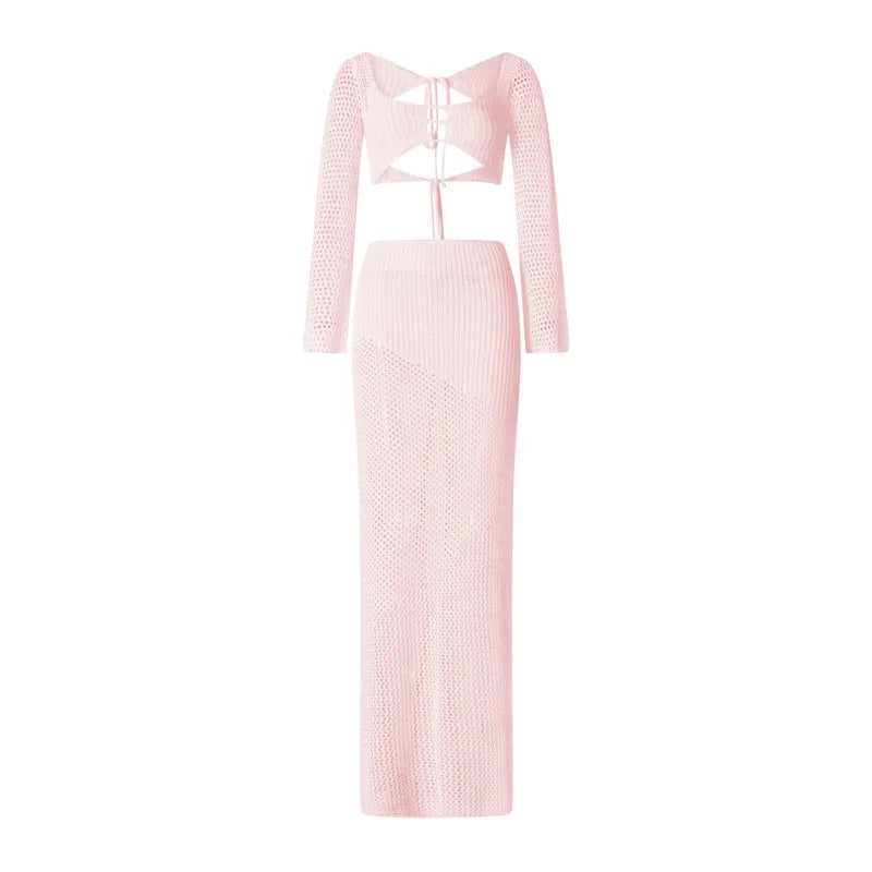 Crochet Knit 2 Piece Skirt Set Hollow Out Crop Top Long Sleeve Backless Tie Up Bodycon Dress