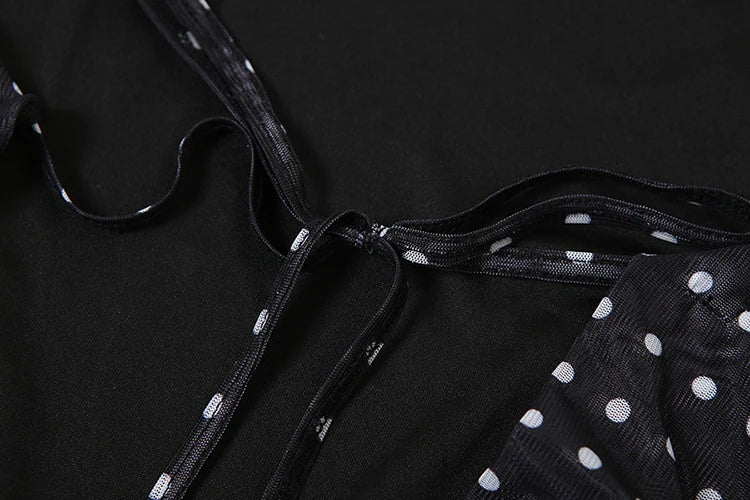 Polka Dot Print Dress Mesh Double Deck Backless V-Neck Street Skinny