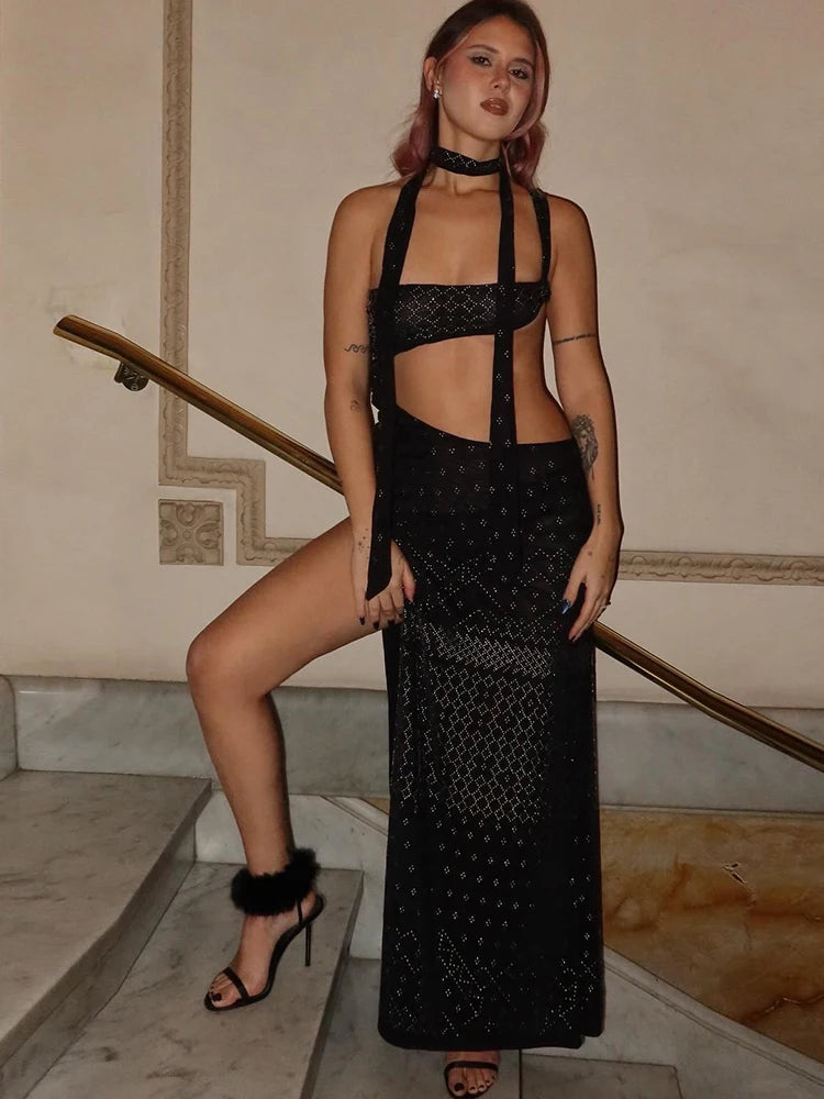 Drop Dress Halter See-Through Backless Waistless Stretch Maxi Bodycon