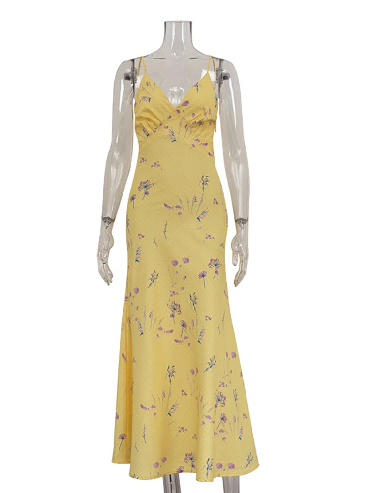 V-neck Floral Maxi Dress Yellow Spaghetti Strap Dress