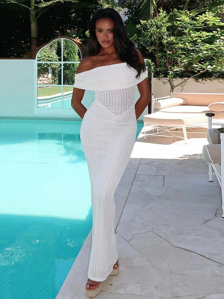 Claic Emborider Dress Off Shoulder Sleevele Sheath Maxi Trend