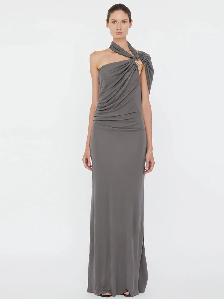 Aymmetrical Maxi Dress Unique Metal Splice Incline Shoulder Skinny Long