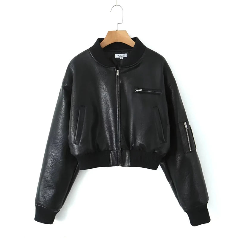 Lapel Cotton Leather Jacket Short Retro Zipper Cardigan PU Jacket Solid fee High Outwaer